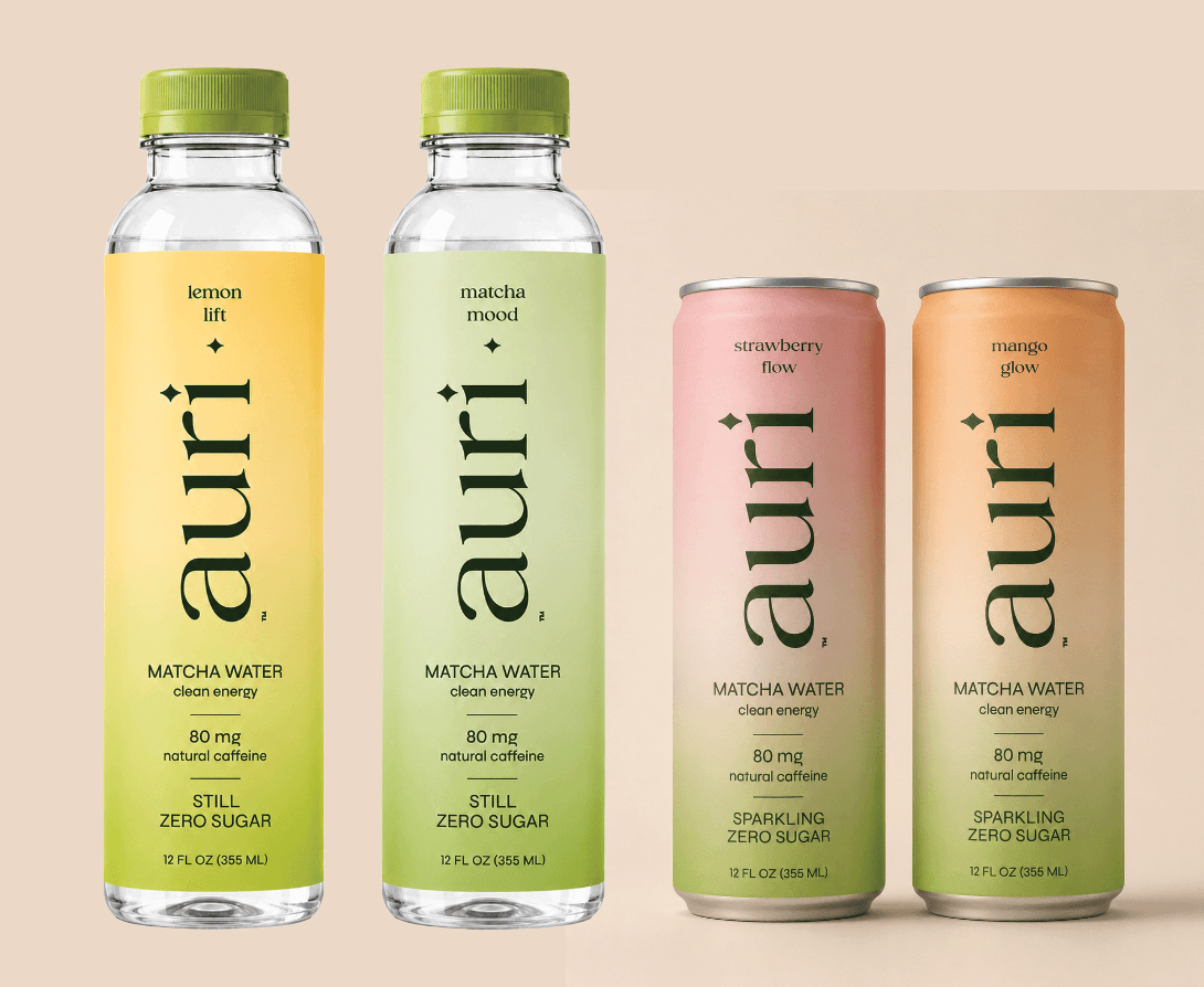 AURI Matcha Water — Lemon Lift, Matcha Mood, Strawberry Flow, Mango Glow